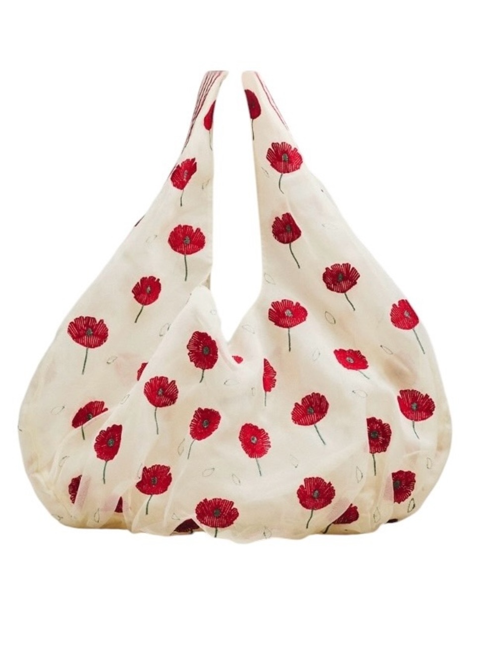 ANTHROPOLOGIE Cream Shoulder Bag with Red Embroidered Flowers